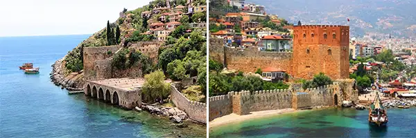  view of alanya red tower and alanya shipyard from sea 